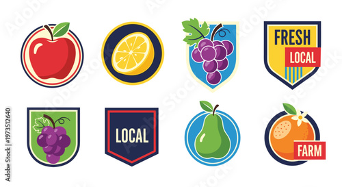 A diverse collection of eight vibrant flat-style fruit and farm-related badges featuring meticulous illustrations of apples, grapes, lemons and pears.