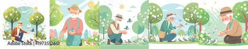 vector of a happy grandpa feeding birds in the park