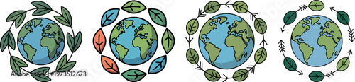 Four Earth globes surrounded by leaves and arrows planet