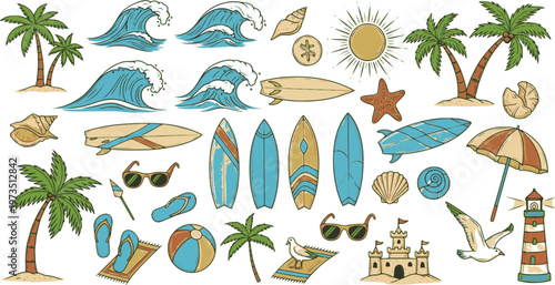 A tropical beach and surf-themed vector set with palm trees, waves, surfboards, a van, flamingos, and ocean elements with quotes, in a bold graphic style. Perfect for t-shirt prints, posters, stickers
