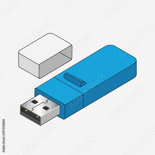 Isometric Blue USB Flash Drive with Detached Cap Illustration.