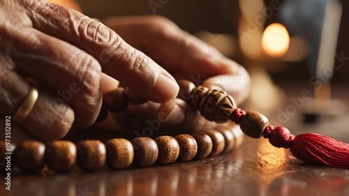 Elderly hand holding wooden prayer beads during spiritual meditation