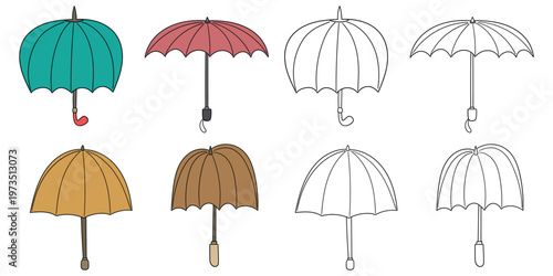 Hand-drawn cartoon and doodle set of open umbrellas on a white background.