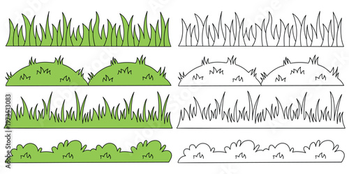Hand-drawn cartoon and doodle set of grass on a white background.