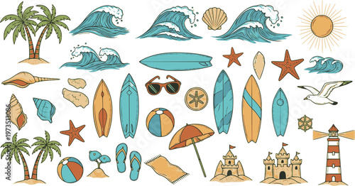 A tropical beach and surf-themed vector set with palm trees, waves, surfboards, a van, flamingos, and ocean elements with quotes, in a bold graphic style. Perfect for t-shirt prints, posters, stickers
