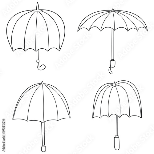 Hand-drawn doodle set of open umbrellas on a white background.