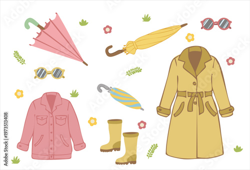 Spring fashion and rain accessories vector set with trench coat, jacket and umbrellas.

Description (Опис — до 200 символів)