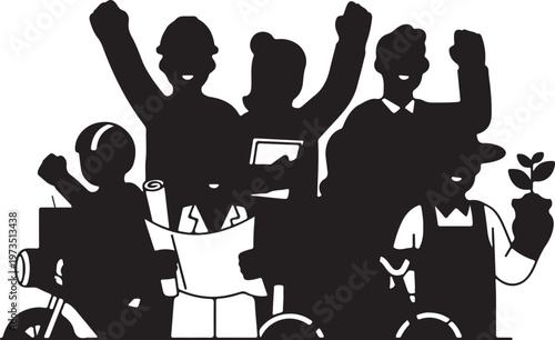 Diverse group of people celebrating with raised fists