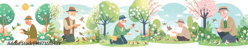 vector of a happy grandpa feeding birds in the park