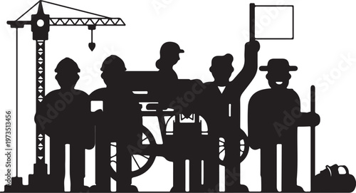 Construction workers and crane silhouette at a site