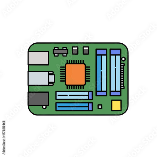 Motherboard Vector Icon with Chip and Ports