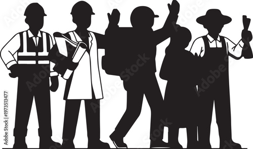 Group of diverse professional silhouettes with various tools and safety gear with hard hats