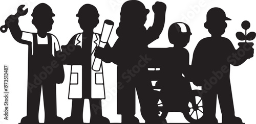 Silhouettes of people in different professions with tools and symbols of their work