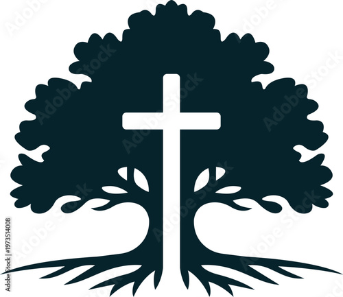 Tree with Cross Church Faith Religion Logo Design