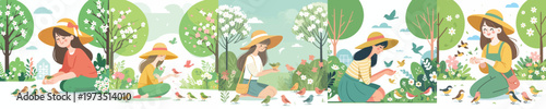vector of a happy woman feeding birds in the park