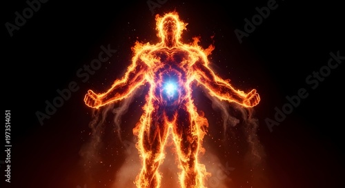 A powerful human silhouette engulfed in brilliant orange flames with a glowing blue core center.