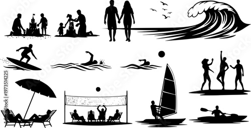 Vector illustration set of silhouette people enjoying summer vacation