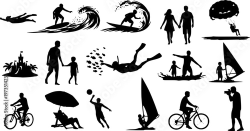 Vector illustration set of silhouette people enjoying summer vacation