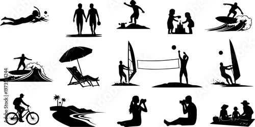 Vector illustration set of silhouette people enjoying summer vacation