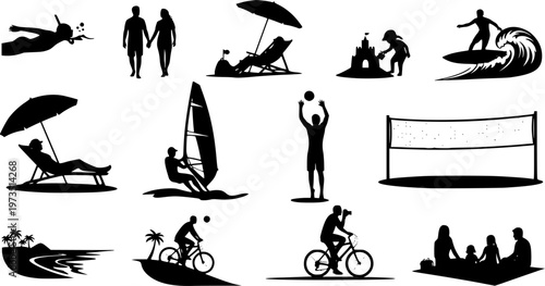Vector illustration set of silhouette people enjoying summer vacation