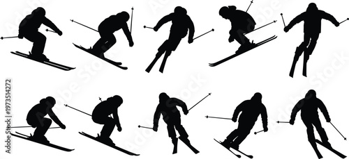 Large collection of professional skier silhouettes performing various downhill techniques jumps and turns in winter sports gear isolated on a white background
