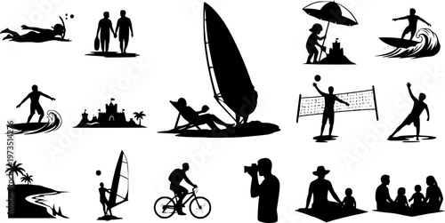 Vector illustration set of silhouette people enjoying summer vacation