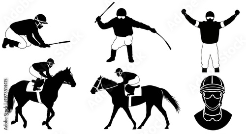 Silhouette illustrations of people horse racing with jockeys and horses.