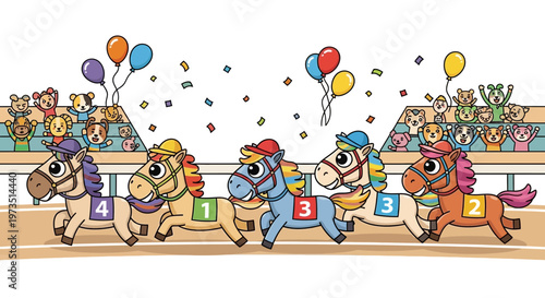 Exciting horse racing event with colorful balloons and cheering crowds at the stadium.