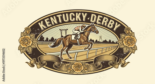 The horse racing event features a brown horse and jockey on a track.