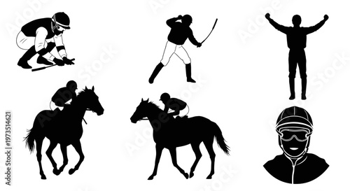 Silhouette illustrations of horse racing athletes competing in various sports events
