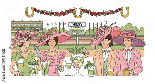Elegant women in hats enjoy drinks at horse racing event with lush greenery