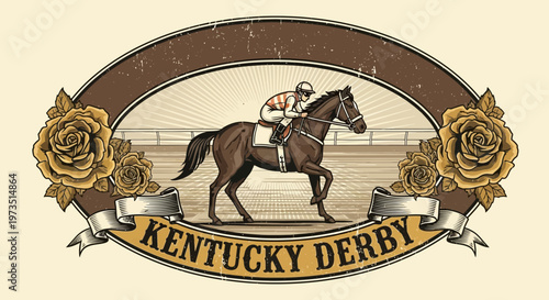The horse racing event features a brown horse and jockey on a track.