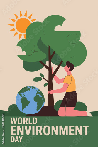 Person hugging tree with earth and sun vector illustration