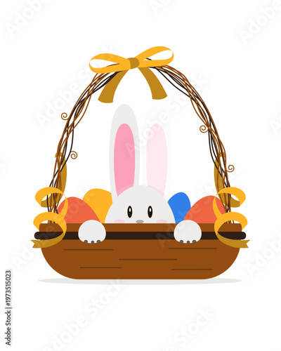 Cute Easter bunny peeking from a basket with colorful eggs and ribbon bow, playful spring holiday illustration isolated on a light background in flat vector style