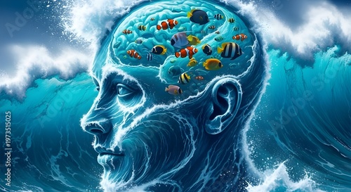 An artistic representation of a human head filled with colorful tropical fish in deep blue water