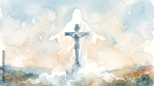 A serene watercolor painting depicting the resurrected christ with a cross and flying white doves