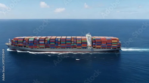 Cinematic Top View of Large Container Cargo Ship Sailing Across Deep Blue Ocean with Colorful Shipping Containers and Smooth Stable Motion
