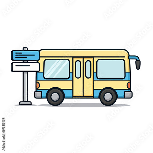 Yellow Bus Icon at Bus Stop Sign Vector Icon