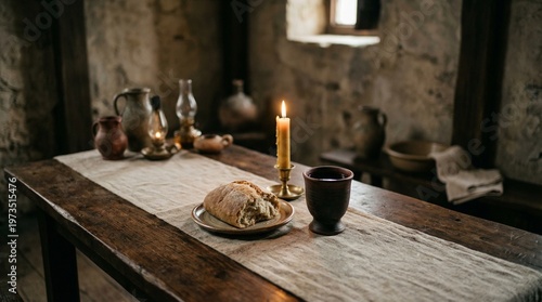 Dinner Table Serenity: A warmly lit, historic dinner table. Set for one, a lone candle flickers, casting dancing shadows and evoking a sense of calm and quiet. A single roll sits on a plate.