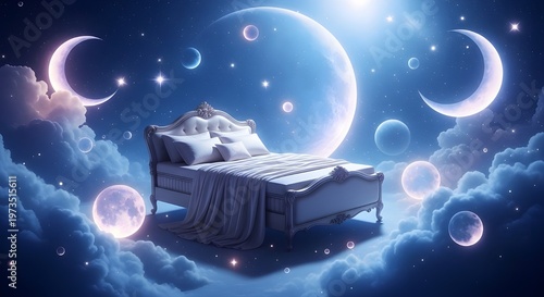 A surreal pixel art illustration of a cozy bed floating serenely amidst dreamy night sky clouds