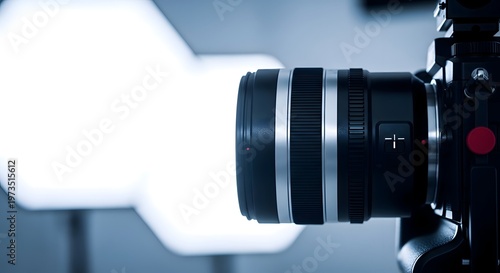 Professional photography equipment setup with a large softbox illuminating a camera lens, showcasing studio lighting and a shallow depth of field for focused imagery.