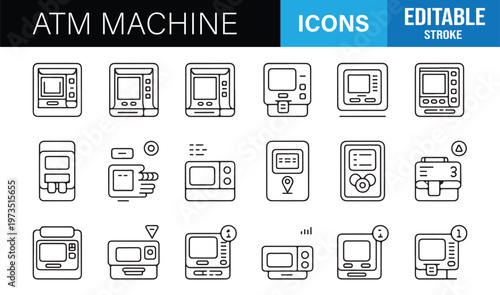 Outline ATM machine icons with editable stroke for fintech, banking and financial design use