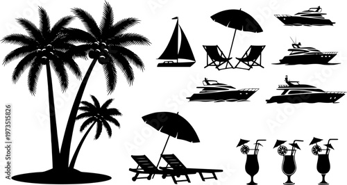 Vector illustration set of silhouette people enjoying summer vacation