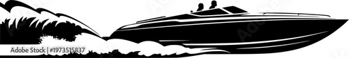 Silhouette of a sleek, fast speedboat with two occupants speeding across water creating a large wake, minimalist vector art, high-speed concept, isolated on white background