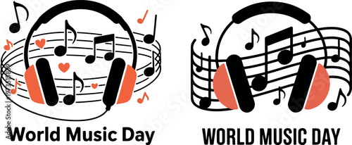 Two black and orange headphone illustrations with music notes