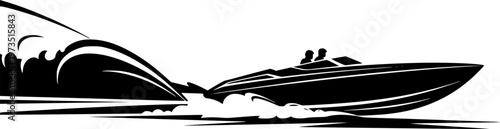 Silhouette of a sleek, fast speedboat with two occupants speeding across water creating a large wake, minimalist vector art, high-speed concept, isolated on white background