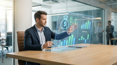 Businessman Analyzing Financial Data via Futuristic Holographic Interface in a Modern Office Environment