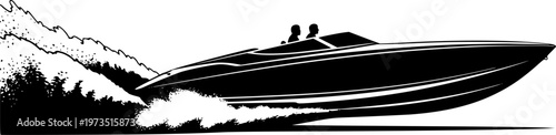 Silhouette of a sleek, fast speedboat with two occupants speeding across water creating a large wake, minimalist vector art, high-speed concept, isolated on white background