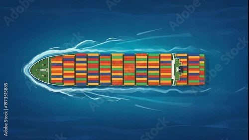 Cinematic Top View of Large Container Cargo Ship Sailing Across Deep Blue Ocean with Colorful Shipping Containers and Smooth Stable Motion