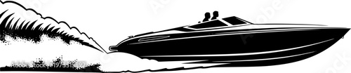 Silhouette of a sleek, fast speedboat with two occupants speeding across water creating a large wake, minimalist vector art, high-speed concept, isolated on white background